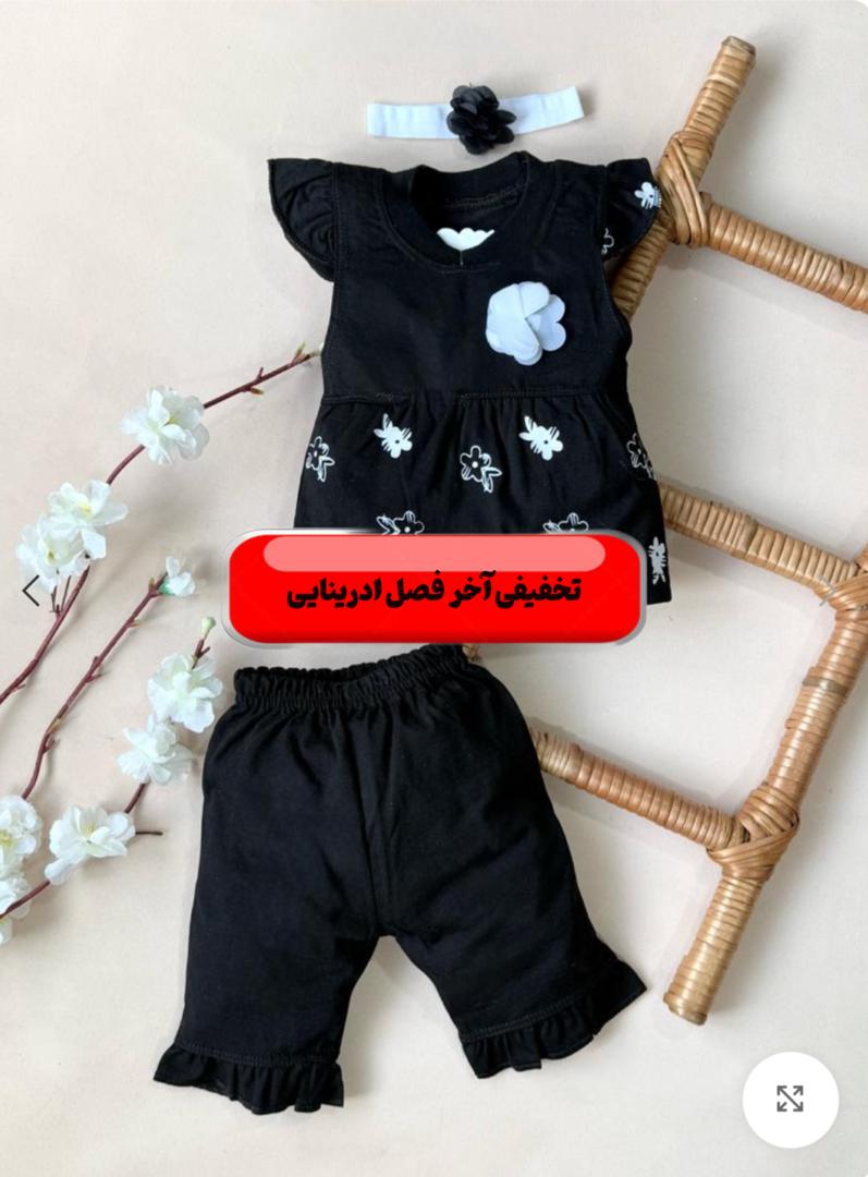 IMG-20250905-WA0063 کد ۲۲۳۰ تیشرت شلوارک سه تیکه گلدار مشکی - Image 1