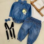 کد ۱۹۲۲ ست چهار تیکه بادی+پاپیون+ساس بند+ شلوار گل پسر