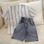 کد ۱۹۹۴ ست بلوز لینن راه راه + شلوارک لی