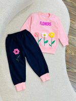 کد ۲۴۹۹ بلوز شلوار صورتی گل برجسته FLOWERS