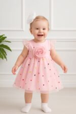 کد ۲۶۸۵ پیراهن توری صورتی با گل برجسته طرح نگاه - Image 2