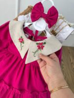 کد ۲۷۹۹ پیراهن لینن سرخابی طرح شادلی - Image 5