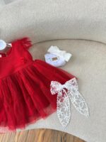 کد ۲۸۳۵ پیراهن توری خالدار قرمز با گل برجسته روی سینه - Image 3