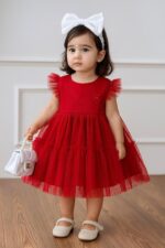 کد ۲۸۳۵ پیراهن توری خالدار قرمز با گل برجسته روی سینه - Image 2