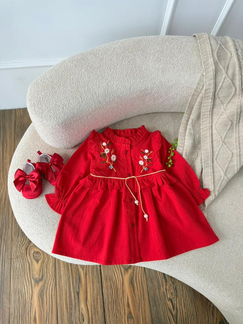 کد 2872 پیراهن  لینن گلدوزی قرمز طرح هما