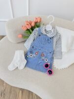 کد ۳۰۷۱ ست سارافون جین گلدوزی شده + بلوز راه راه - Image 4