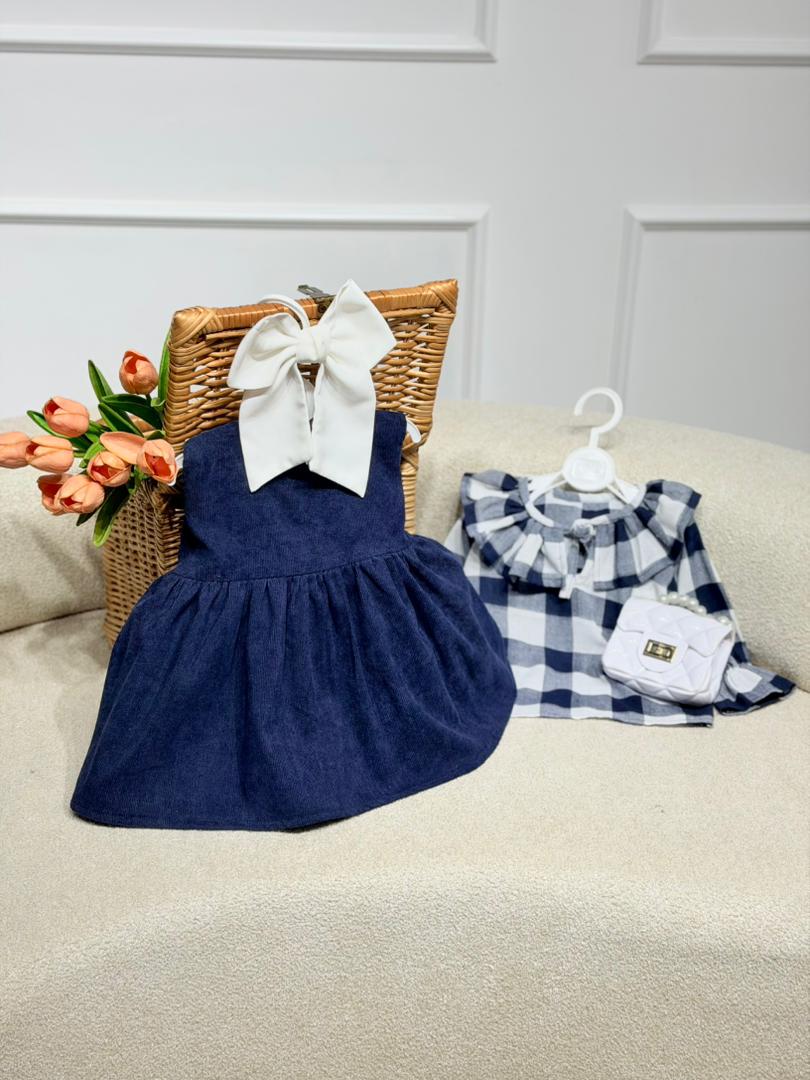 IMG-20260214-WA0014 کد ۳۱۶۳ بلوز چهارخونه و سارافون سرمه ای طرح مهرانا - Image 1